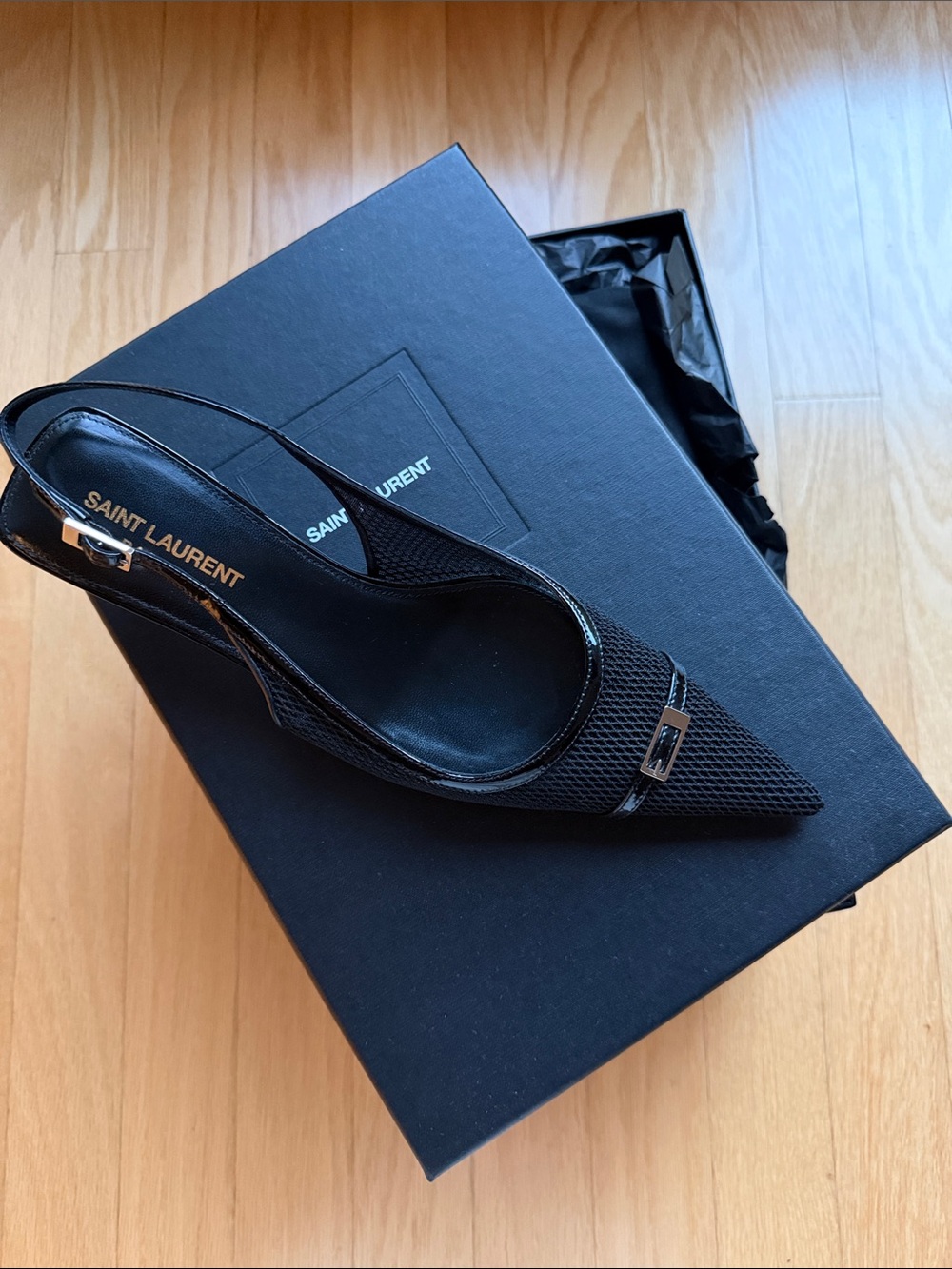 Saint Laurent Rete Elba Black Mesh Slingback Hitten Heel